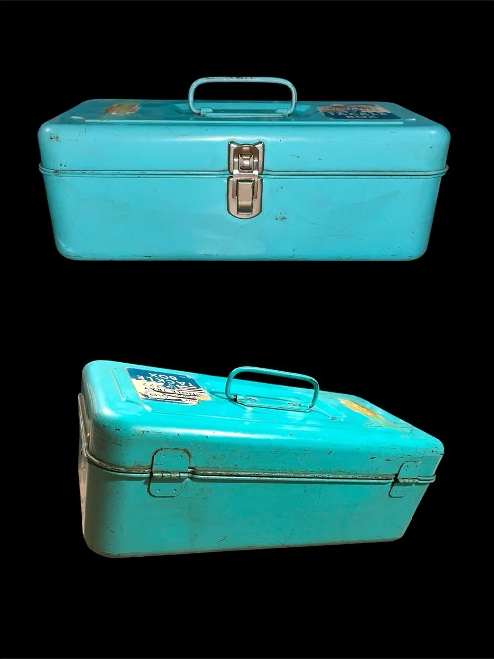 Vintage Teal Blue Metal Storage tackle box with divider Tray